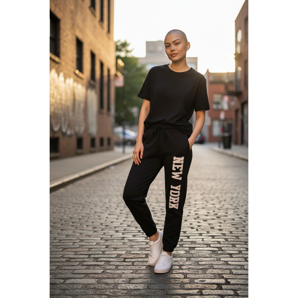 "NEW YORK"  Lane Seven Joggers Black Fleece Banded Ankle Side Pockets - Medium